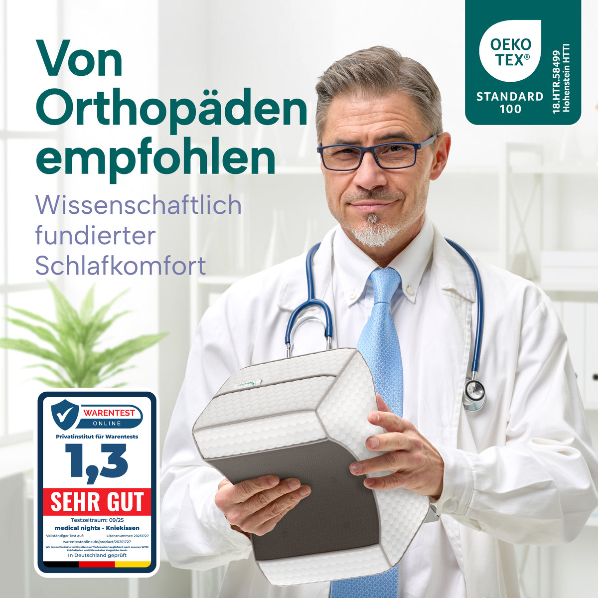 Person im weißen Arztkittel hält das Medical Nights Kniekissen in beiden Händen