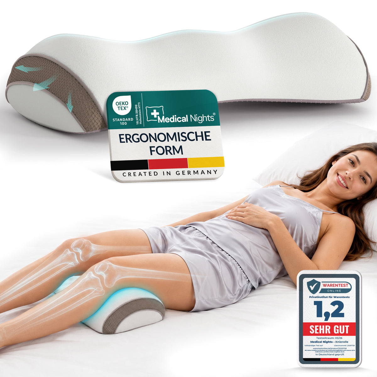 Medical Nights Knierolle aus Memory Foam, darunter eine Frau in Rückenlage mit der Rolle unter den Knien