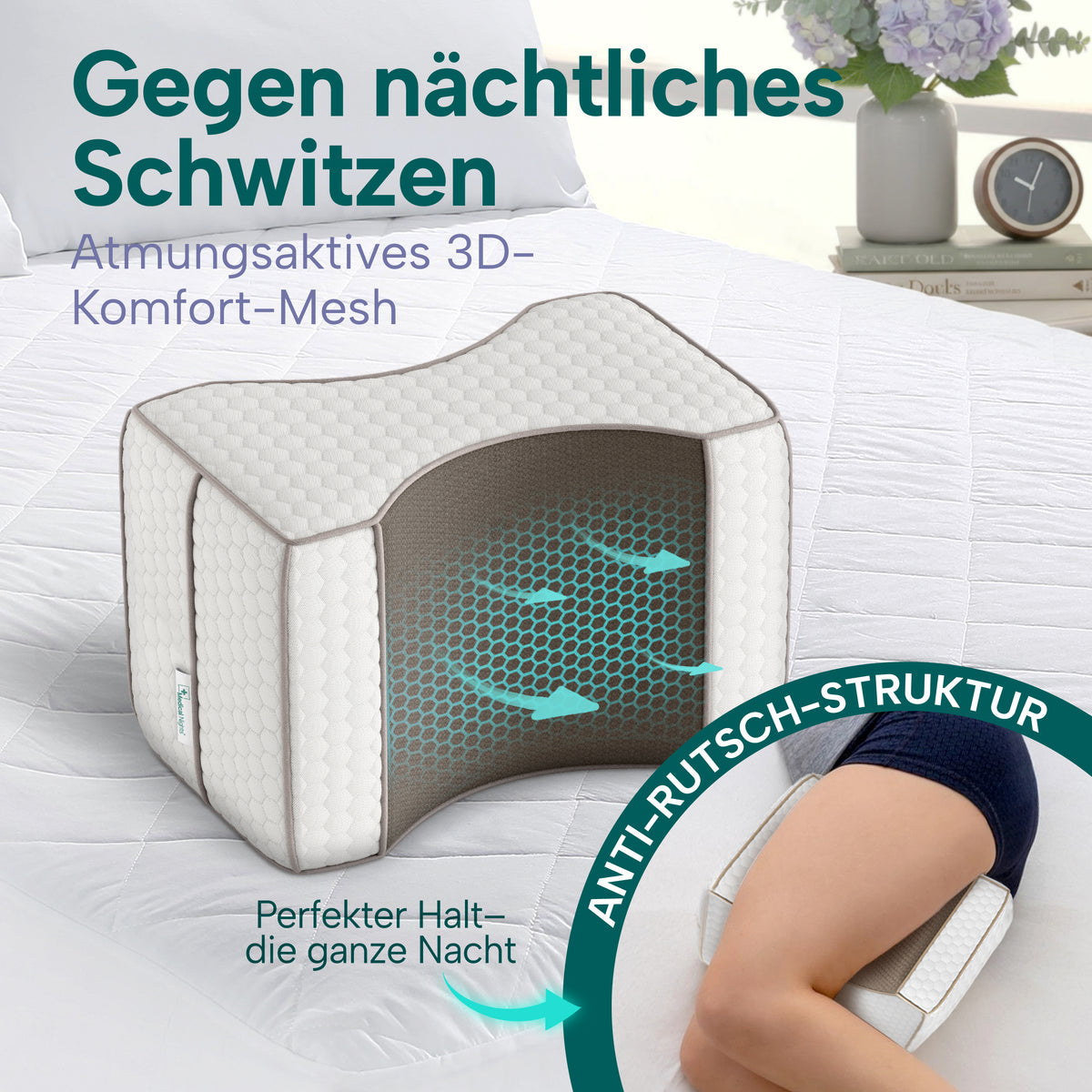 Kniekissen mit atmungsaktivem Mesh-Einsatz in der Mitte, daneben ein Detail der Anti-Rutsch-Struktur zwischen den Knien