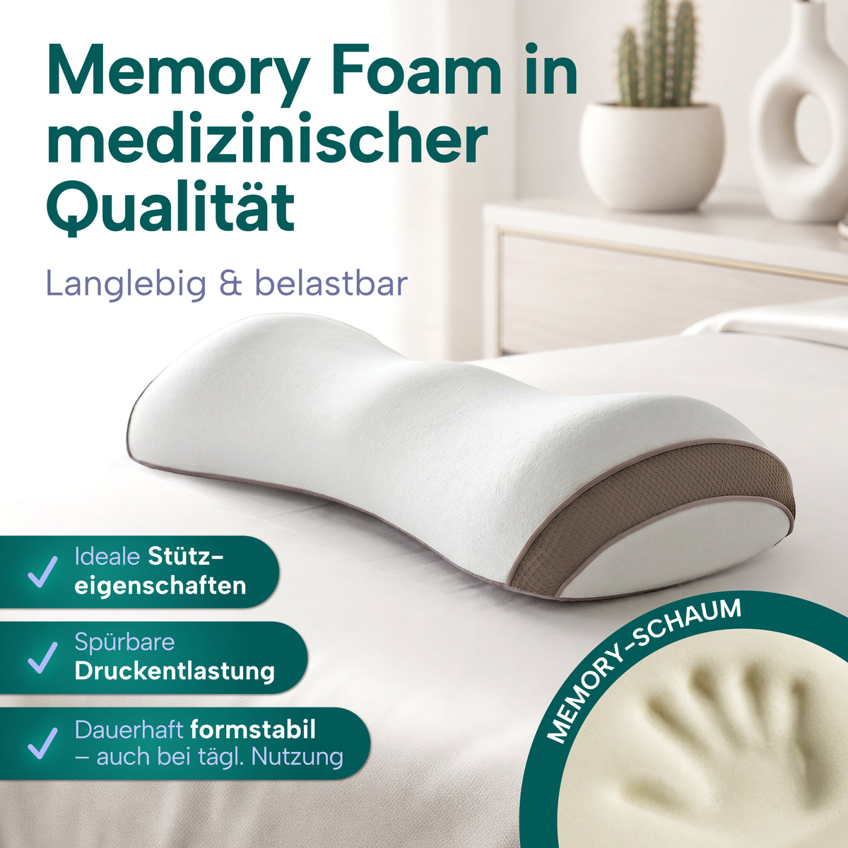 Knierolle auf einem Bett, daneben ein Handabdruck im Memory-Schaum als Formprobe