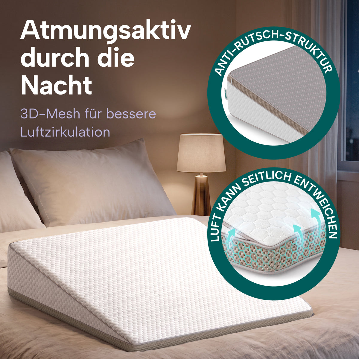 Keilkissen auf dem Bett mit Anti-Rutsch-Unterseite und 3D-Mesh-Seitenband