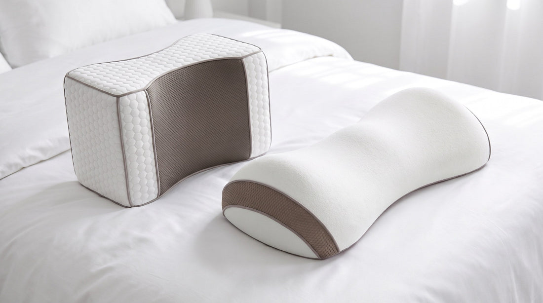 Kniekissen und Knierolle von Medical Nights nebeneinander auf einem Bett