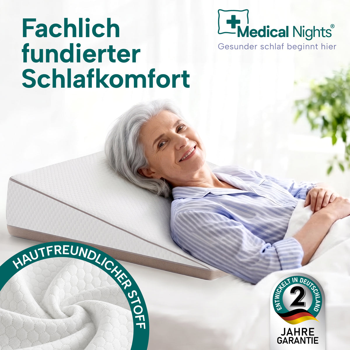 Frau liegt entspannt auf dem Keilkissen im Bett, Nahaufnahme des weichen Bezugsstoffs