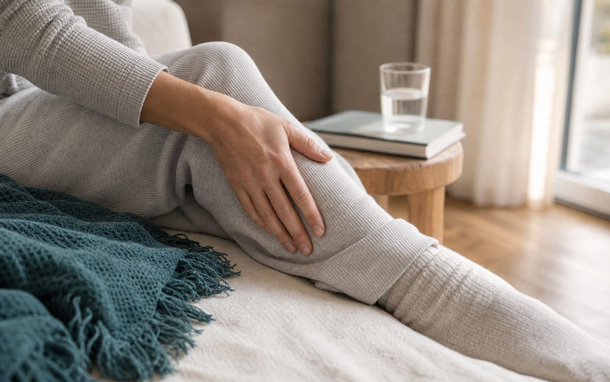 Person sitzt in Freizeitkleidung auf dem Bett, eine Hand am Bein